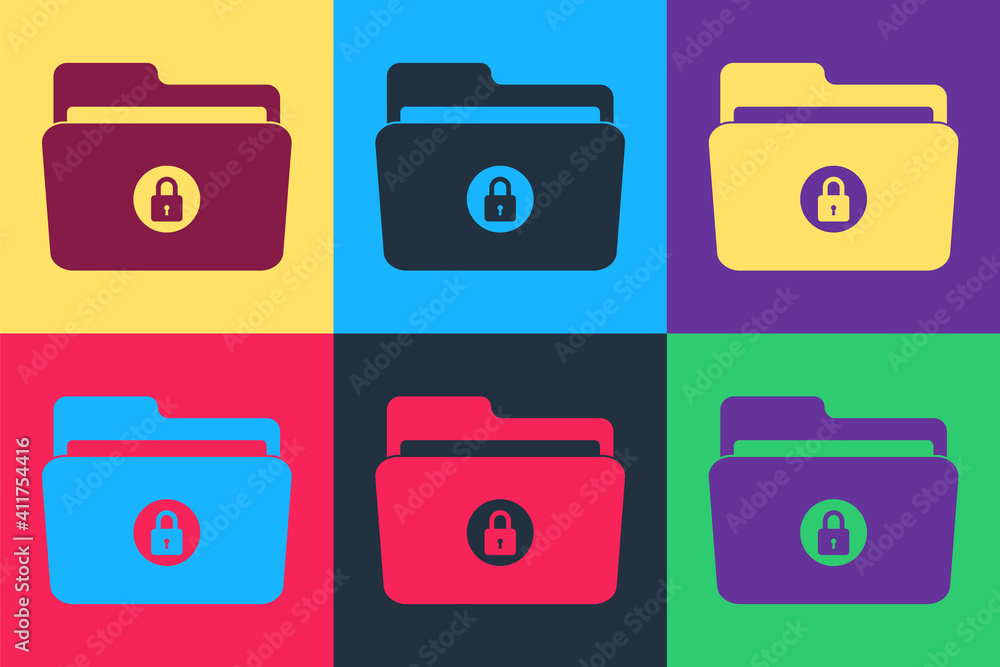 Poster pop art folder and lock icon isolated on color background. closed folder and padlock. security, safe