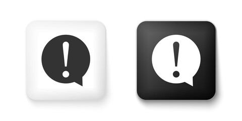 Black and white Exclamation mark in circle icon isolated on white background. Hazard warning symbol. FAQ sign. Copy files, chat speech bubble. Square button. Vector.