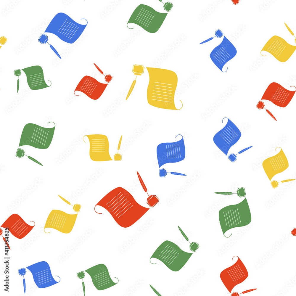 Poster color feather in the inkwell and paper scroll icon isolated seamless pattern on white background. ve