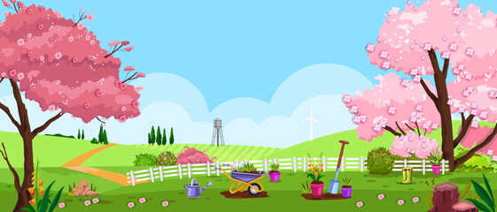 Spring, summer vector garden, backyard nature landscape with blossom sakura tree, fence, grass, meadow. Rustic, countryside, rural scene, background with equipment. Spring garden, lawn panoramic view © Oleksandra