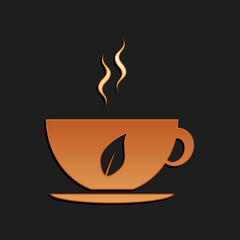 Gold Cup of tea and leaf icon isolated on black background. Long shadow style. Vector.