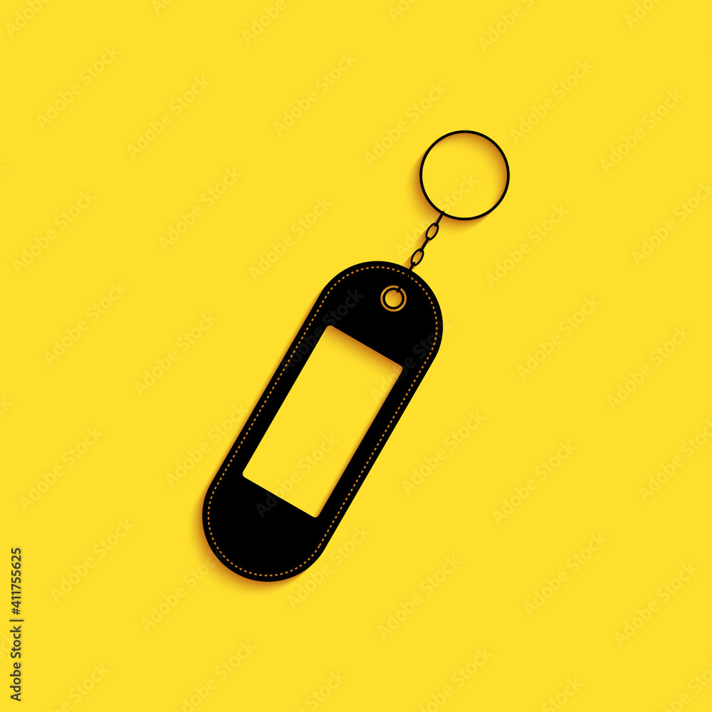 Poster Black Key chain icon isolated on yellow background. Blank rectangular keychain with ring and chain for key. Long shadow style. Vector.