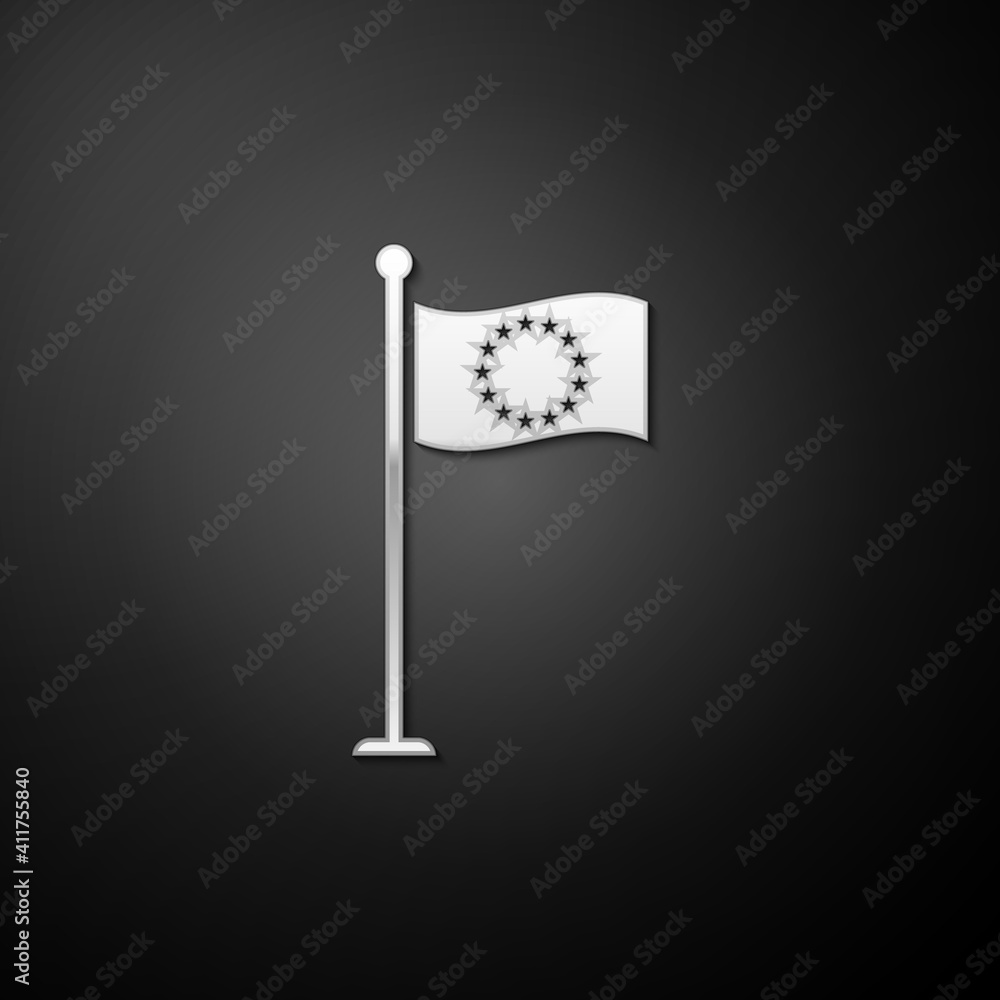 Poster silver flag of european union icon isolated on black background. eu circle symbol. waving eu flag on