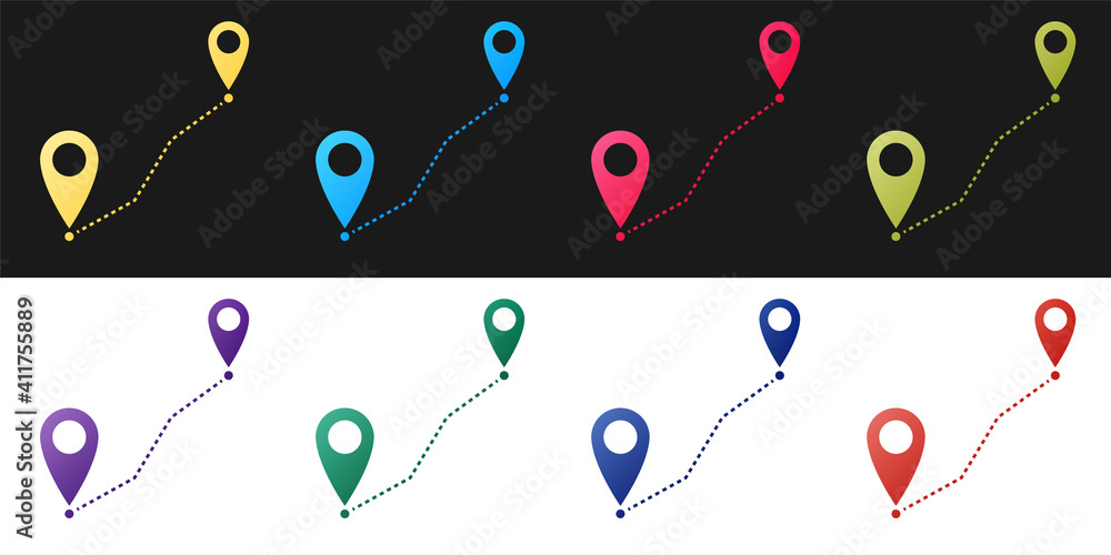 Aufkleber set route location icon isolated on black and white background. map pointer sign. concept of path or