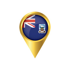 Flag of Falkland Islands.symbol check in Falkland Islands, golden map pointer with the national flag of Falkland Islands in the button. vector illustration.