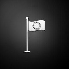 Silver Flag of European Union icon isolated on black background. EU circle symbol. Waving EU flag on a metallic pole. Long shadow style. Vector.