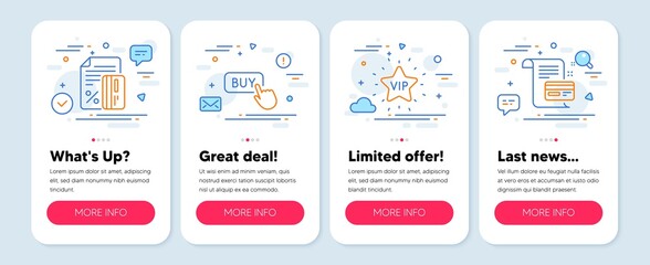 Set of Finance icons, such as Vip star, Credit card, Buy button symbols. Mobile screen app banners. Payment card line icons. Exclusive privilege, Loan percent, Online shopping. Vector