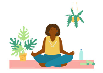 Obraz na płótnie Canvas African American Woman Meditating On Yoga Mat. Self-care Flat Vector Illustration.