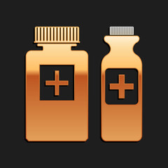 Gold Medicine bottle icon isolated on black background. Bottle pill sign. Pharmacy design. Long shadow style. Vector.