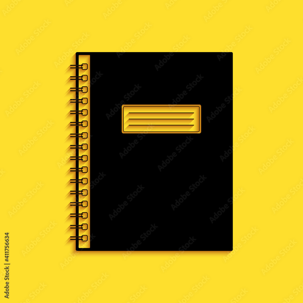 Poster black notebook icon isolated on yellow background. spiral notepad icon. school notebook. writing pad