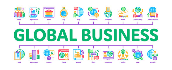 Global Business Finance Strategy Minimal Infographic Web Banner Vector. International And Worldwide Business, Businesspeople Team And Agreement Color Illustration