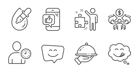 Yummy smile, Mobile like and Smile face line icons set. Sharing economy, Time management and Restaurant food signs. Eye drops, Strategy symbols. Comic chat, Phone thumbs up, Chat. People set. Vector