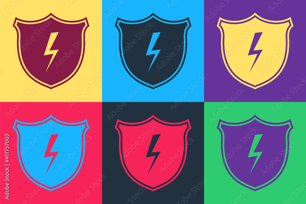 Poster pop art secure shield with lightning icon isolated on color background. security, safety, protection