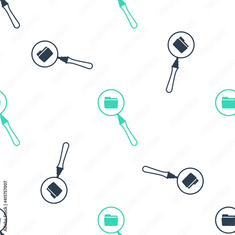 Poster green search concept with folder icon isolated seamless pattern on white background. magnifying glas