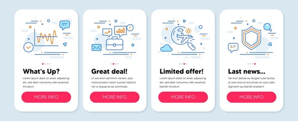 Set of Business icons, such as Business portfolio, Stock analysis, Search flight symbols. Mobile app mockup banners. Security line icons. Job interview, Business trade, Airplane trip. Vector