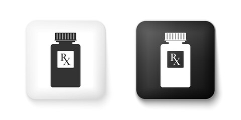 Black and white Pill bottle with Rx sign and pills icon isolated on white background. Pharmacy design. Rx as a prescription symbol on drug medicine bottle. Square button. Vector.