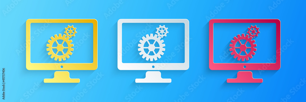 Poster paper cut computer monitor and gears icon isolated on blue background. adjusting app, service, setti