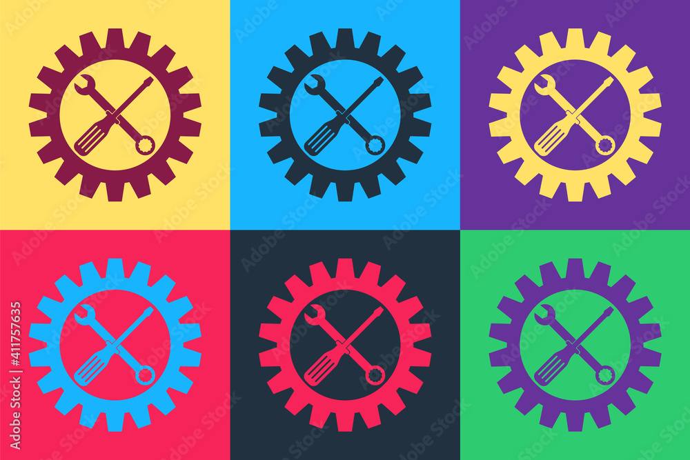 Poster pop art maintenance symbol - screwdriver, spanner and cogwheel icon isolated on color background. se