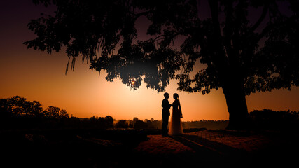 silhouette of wedding Couple in love kissing and holding hand together during sunset with evening sky background