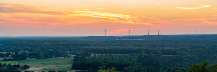 Evening light and some wind turbines in the Ruhr Area, seen from the Halde Haniel, Bottrop, North Rhine-Westfalia, Germany