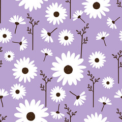 Obraz premium Seamless pattern with cute daisy flower with branch on purple background vector illustration.