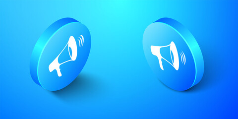 Isometric Megaphone icon isolated on blue background. Blue circle button. Vector.