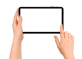 female hands holding digital tablet on isolated white background. swipe the screen