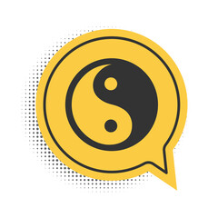 Black Yin Yang symbol of harmony and balance icon isolated on white background. Yellow speech bubble symbol. Vector.