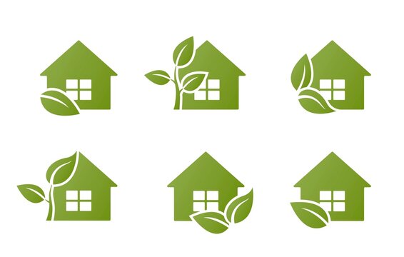 Eco House Icon Set. Eco Friendly And Environmental Building Symbols. Leaf And House