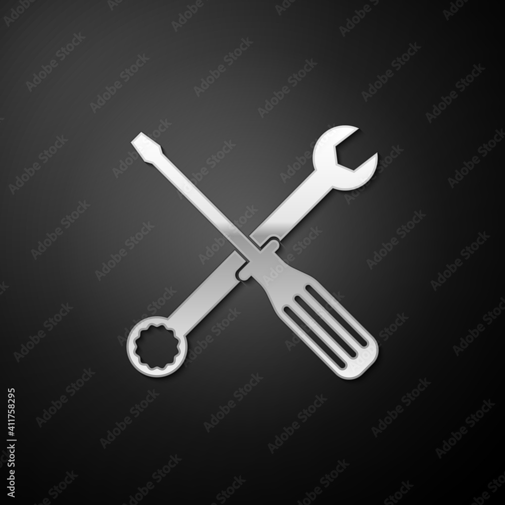 Poster silver spanner and screwdriver tools icon isolated on black background. service tool symbol. long sh