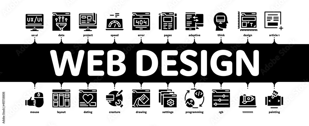 Aufkleber web design development minimal infographic web banner vector. creative web design studio tool and se