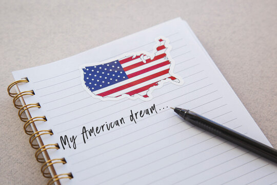 notebook with american flag and country map with inscription my american dream, emigration concept 