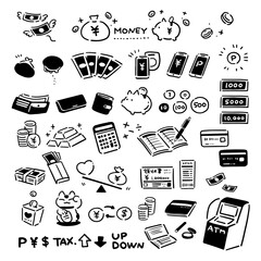 お金 アイコン モノクロ 手描き セット