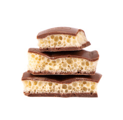Tasty porous chocolate, isolated on white background. White aerated chocolate.