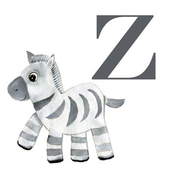 Watercolor zebra. English alphabet with animals. Children's illustration.