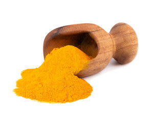 Dry turmeric powder in wooden scoop, isolated on white background. Curcuma longa linn.