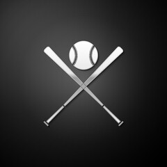 Silver Crossed baseball bats and ball icon isolated on black background. Long shadow style. Vector.