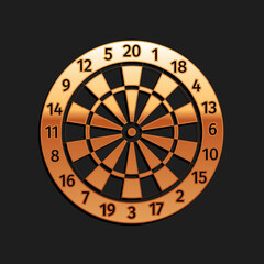 Gold Classic darts board with twenty black and white sectors icon isolated on black background. Dart board sign. Dartboard sign. Game concept. Long shadow style. Vector.