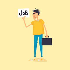 Man is looking for a job, unemployment. Flat design vector illustration.