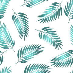 Floral seamless pattern with colorful exotic leaves on white background. Tropic green branches. Fashion vector stock illustration for wallpaper, posters, card, fabric, textile.