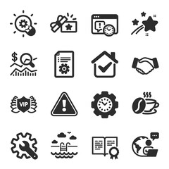 Set of Business icons, such as Technical documentation, Loyalty gift, Check investment symbols. Certificate, Innovation, Customisation signs. Swimming pool, Project deadline, Coffee cup. Vector
