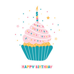 Birthday cake with candles. Bday of the baby one year. Anniversary of the child. Festive greeting card. Cupcake with cream on a white background. Hand drawn illustration in the Scandinavian style.