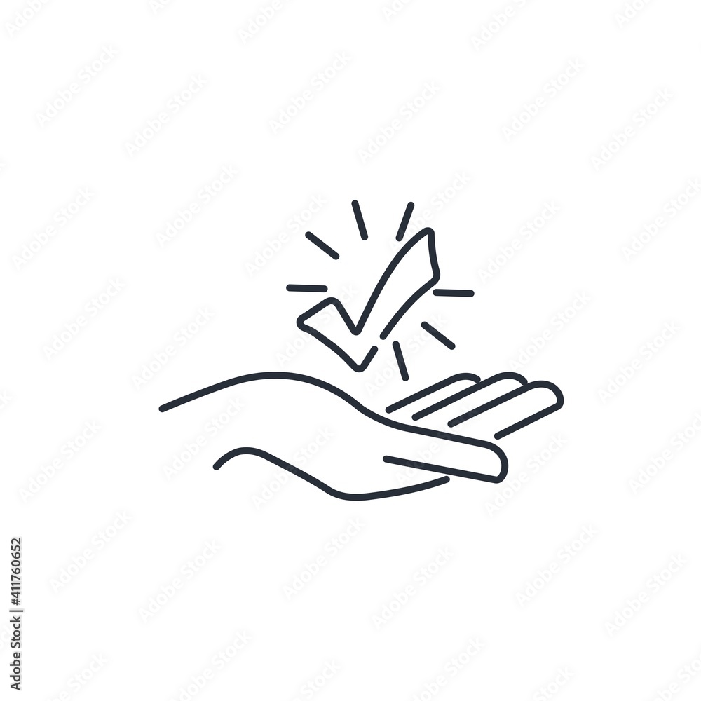 Poster check mark in hand. perform excellent. vector linear icon isolated on white background.