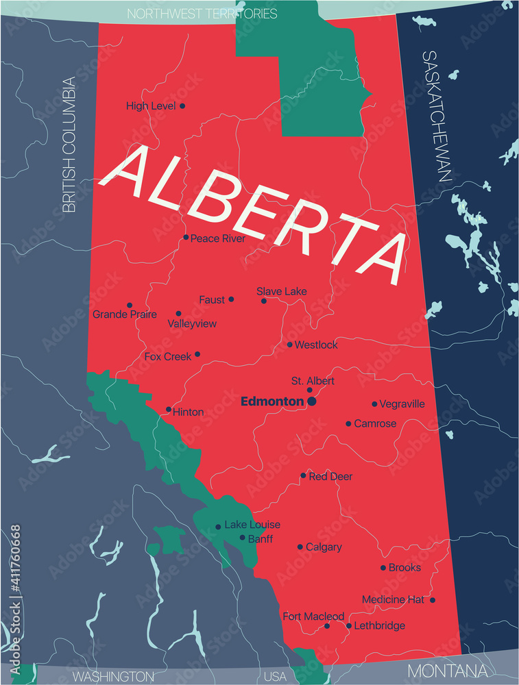 Wall mural alberta province vector editable map of the canada with capital, national borders, cities and towns,