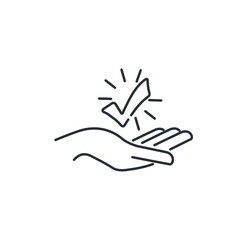 Check mark in hand. Perform Excellent. Vector linear icon isolated on white background.