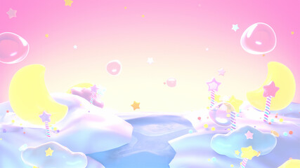 3d render cartoon pink magical star moon land.