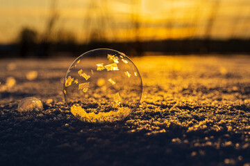 soap bubbles frozen in the evening
