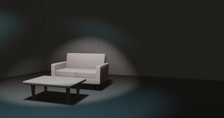 薄暗い部屋　ソファ　テーブル　孤独　寂しい　3DCG　deserted dark room