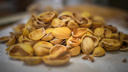 a slide of pistachio shells, close up