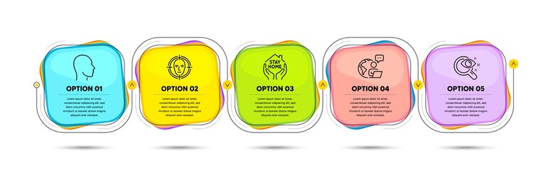 Vision test, Face detect and Head line icons set. Timeline process flowchart. Stay home sign. Eyesight check, Select target, Human profile. Coronavirus quarantine. Medical set. Vector